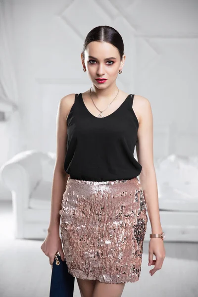 Portrait Beautiful Lady Dressed Shirt Skirt Sequins Posing Studio — Stock Photo, Image