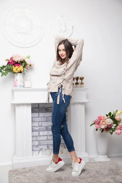 Lovely Young Brunette Dressed Pants Sweater Posing Fireplace — Stock Photo, Image