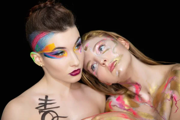 Two Cute Young Women Creative Make Face Posing Studio — Stock Photo, Image