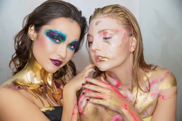 Two Young Women Creative Makeup Face — Stock Photo, Image