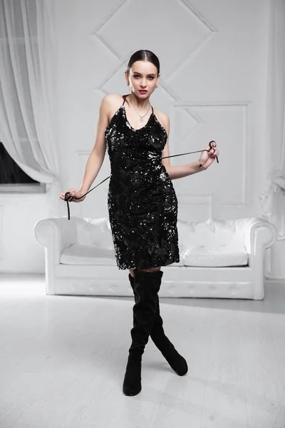 Lovely Woman Wearing Black Dress Posing Studio — Stock Fotó