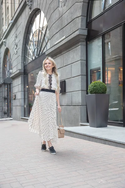 Lovely Blonde Wearing Long Dress Posing Building — Stock Photo, Image