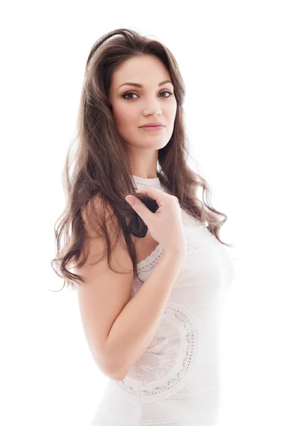 Brunette woman in knitted dress — Stock Photo, Image