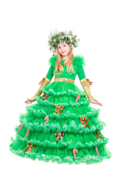 Bambina in costume albero di Natale — Foto Stock