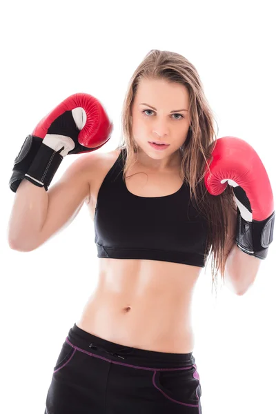 Woman wearing black top and red gloves — Stock Photo, Image