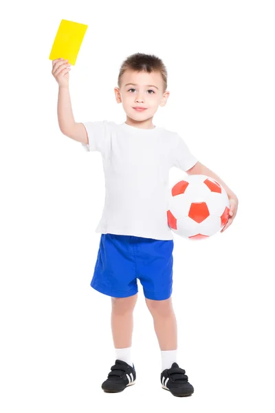 Little boy shows yellow card. — Stock Photo, Image