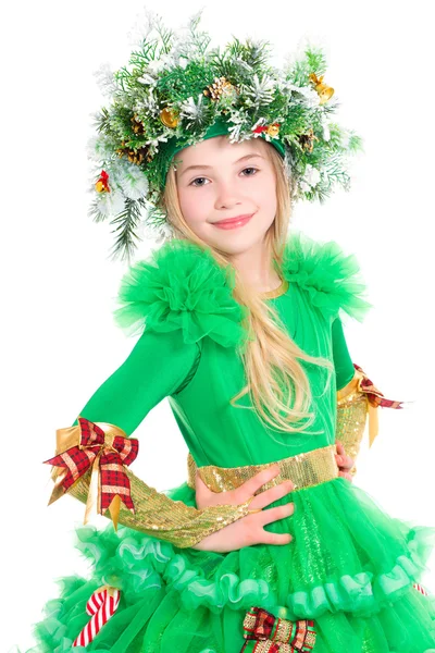 Menina em traje de árvore de Natal — Fotografia de Stock