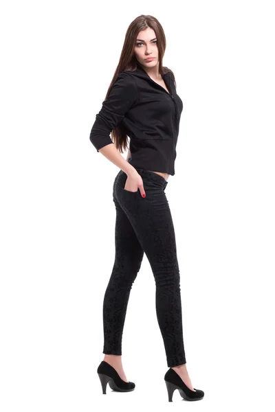 Bruneta žena nosí černé oblečení — Stock fotografie