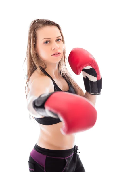 Vrouw in rode bokshandschoenen — Stockfoto