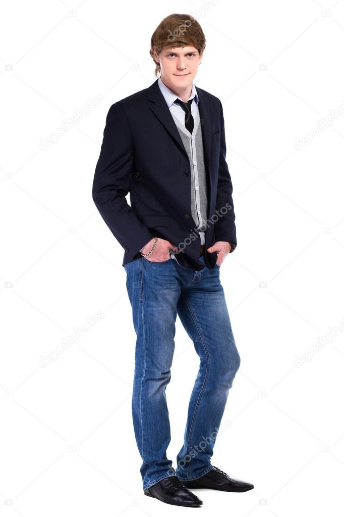 Man posing in blue jeans and jacket