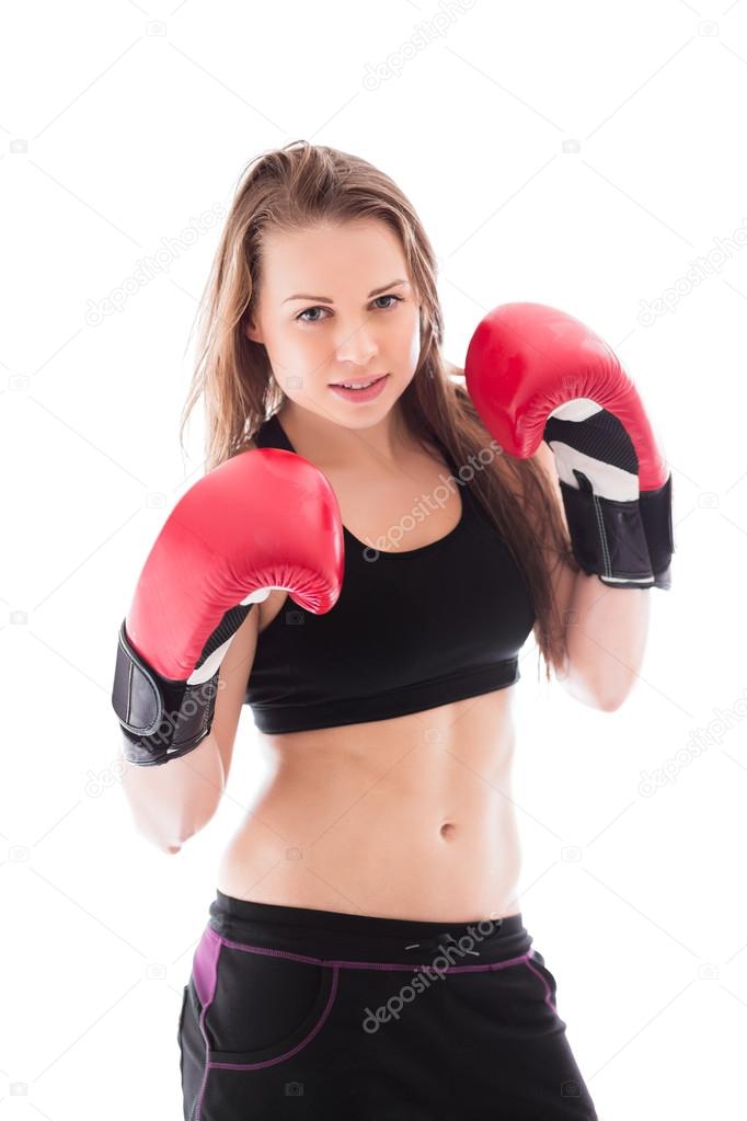 Woman in red boxing gloves