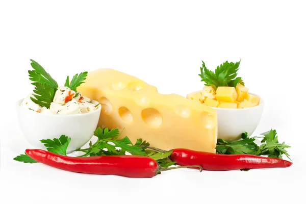 Cheese, herbs and chilli pepper — Stock Photo, Image