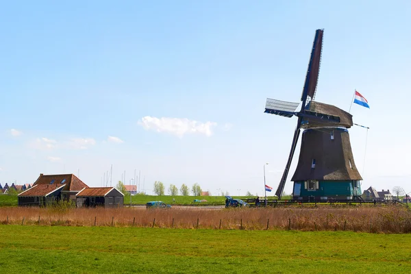 Sunny Dutch landscape in springtime with green grass and an historic mill. — Stock Photo, Image