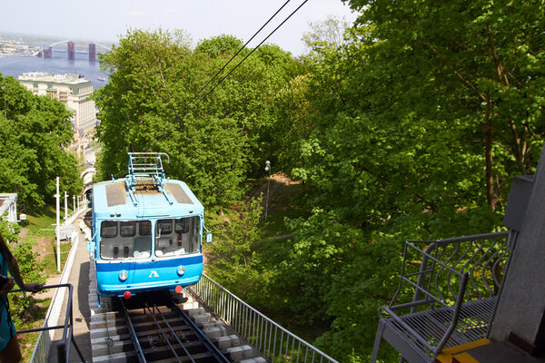 Cable railway in Kyiv, Ukraine,  climbs up the steep right bank of  Dnieper River.