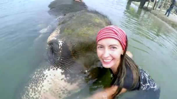 女孩对大象洗澡 — 图库视频影像