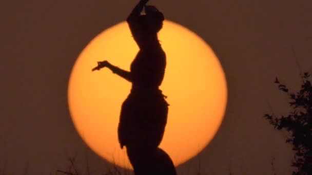 Silhouet meisje Oosterse danseres een dans op zonsondergang — Stockvideo