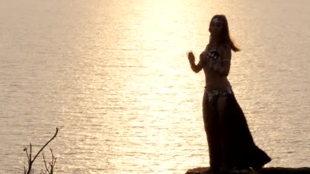 Silueta de una bailarina bailando al atardecer — Vídeos de Stock