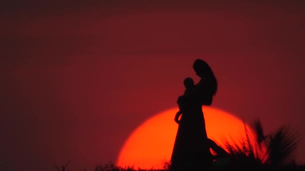 Glückliche Mutter und kleine Tochter spielen bei Sonnenuntergang — Stockvideo