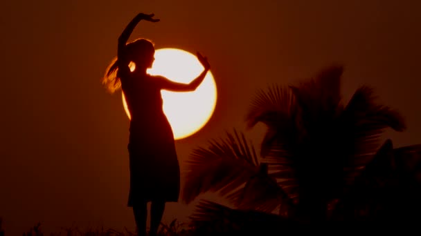 Ευτυχισμένη δωρεάν γυναίκα απολαμβάνοντας το ηλιοβασίλεμα στη θάλασσα. silhouetted κατά το ηλιοβασίλεμα, Ανατολή ήλιο στην παλάμη — Αρχείο Βίντεο