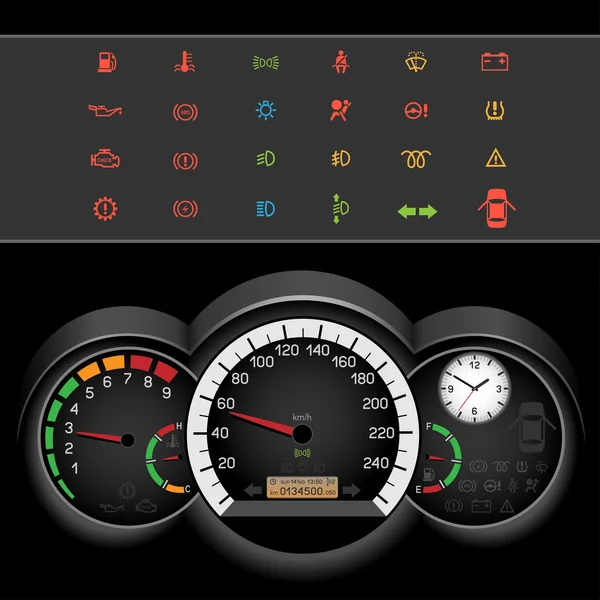 車のスピード メーターの夜のパネル — ストックベクタ