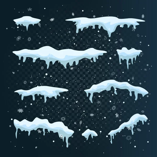 Winter Schneeverwehungen Setzen Auf Weihnachtsschnee Dunklen Hintergrund Schneekappen Eiszapfen Kollektion — Stockvektor