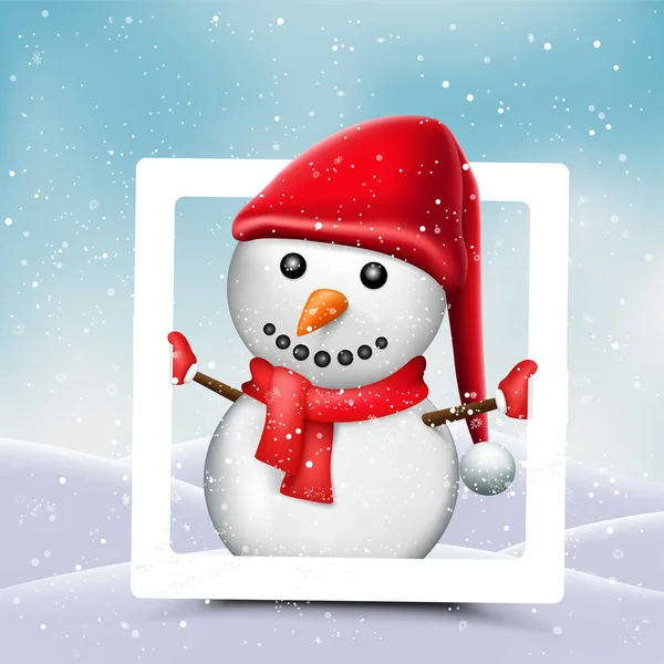 Χριστουγεννιάτικο Πλαίσιο Φωτογραφιών Χιονάνθρωπο Μέσα Στο Μπλε Φόντο Του Ουρανού — Διανυσματικό Αρχείο