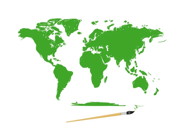 Zeichnung Einer Grünen Weltkarte Auf Weißem Hintergrund Paintbrush Earth Zeichnungen — Stockvektor