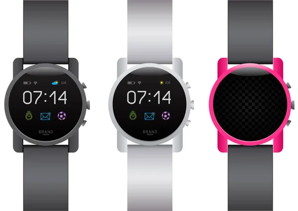 Reloj Inteligente Circle Engastado Sobre Fondo Blanco Colección Smartwatches Diferentes — Vector de stock