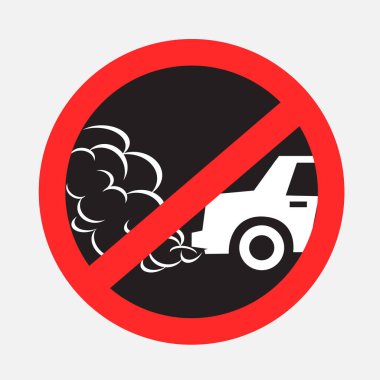 Gri arka planda boşta duran motoru kapatma etiketi yok. Yasak egzoz etiketi. Duman ve duman tehlikesi. Çevre kirliliği