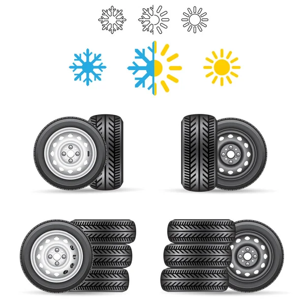 Car auto tire set all season winter summer — Vector de stock