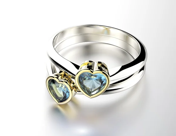 Rings with Blue topaz or aquamarin heart shape — Stock Photo, Image