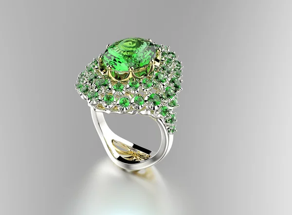 Silver ring with green gemstones — Stock Photo, Image