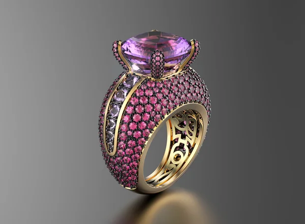 Golden Engagement Ring with Amethyst. — Stock Photo, Image