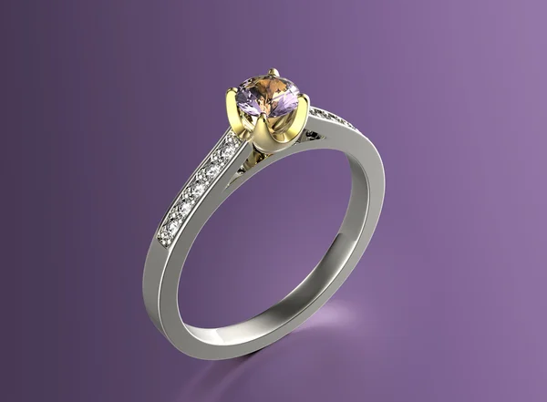 Golden Engagement Ring with Amethyst. — Stock Photo, Image
