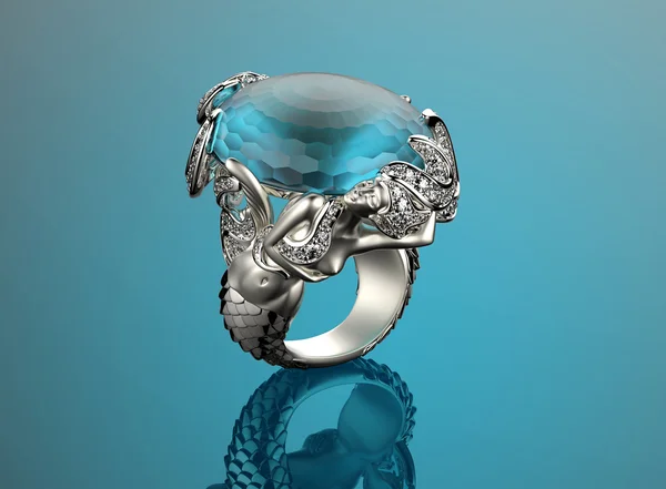 Bague de fiançailles dorée avec aigue-marine — Photo