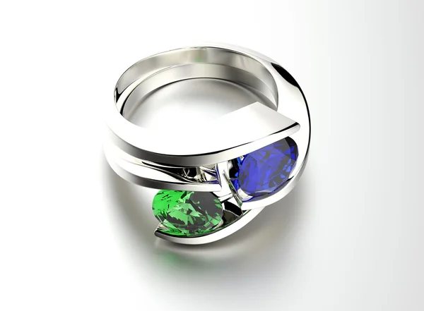 Ring with emerald and sapphire. — Stock Photo, Image