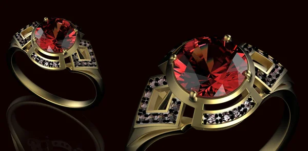 Guld vielsesring med diamant. Ferie symbol. Ruby ædelsten - Stock-foto