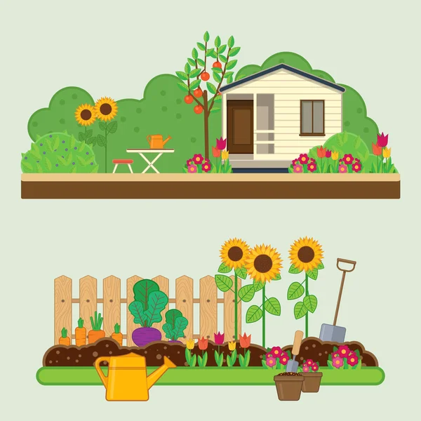 Trädgårdsskötsel set. Vektor illustrationer med landsbygdens landskap, blommor, trädgård, stuga och trädgård verktyg — Stock vektor