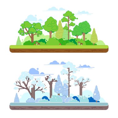 Kış ve yaz y düz stil sahnelerde orman