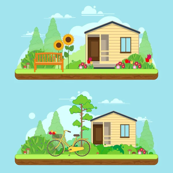 Escena en el día de verano en el jardín. Paisajes de verano con casa, bicicleta y árboles — Vector de stock