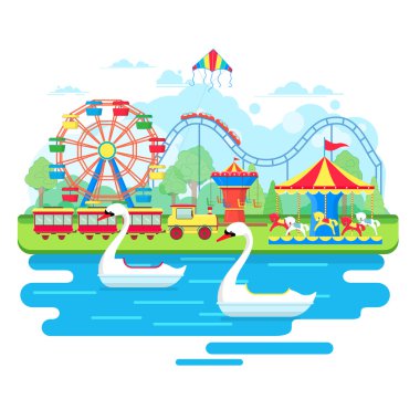 Dönme dolap ve carousels eğlence parkı konseptiyle. 