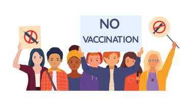 Aşıya karşı gösteri. Zorunlu aşıyı protesto eden pankartlı gençler. Aşı konsepti yok. Vektör illüstrasyonu  