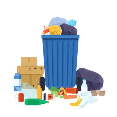 Overflowing garbage bin and various rubbish. Plastic bags, old packaging, bottles, food leftovers and cardboard lie nearby. Vector illustration in flat style 