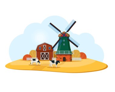 Rural landscape with Dutch windmill and farm. Black and white cows graze in the meadow. Vector illustration