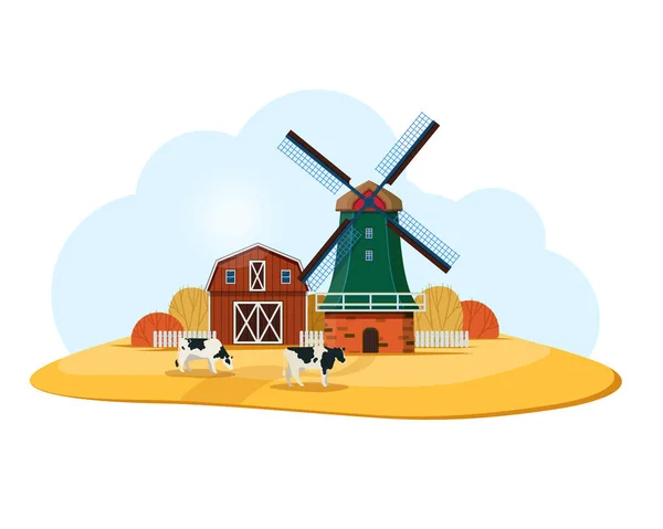 Rural Landscape Dutch Windmill Farm Black White Cows Graze Meadow — Stock Vector