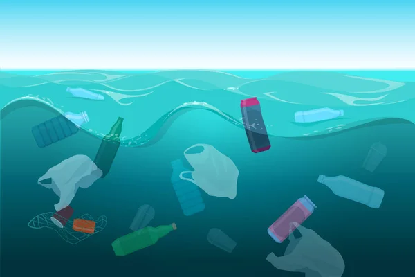 Plastic Waste Ocean Plastic Bottles Bags Other Debris Float Underwater — Vector de stock