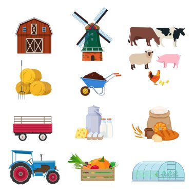 Farming set with agricultural buildings, transport, animals, products and equipment. Farm equipment. Vector illustration on white