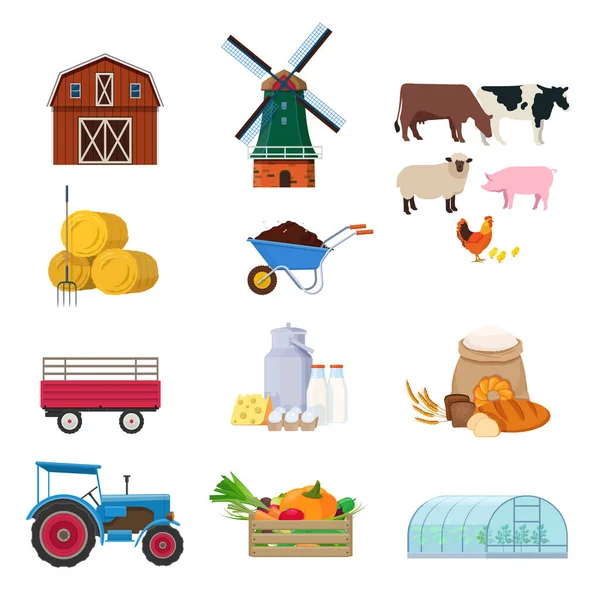 Farming Set Agricultural Buildings Transport Animals Products Equipment Farm Equipment — Stockový vektor