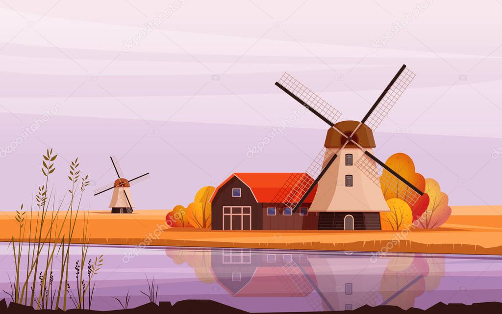 Landscape with windmill on the river bank