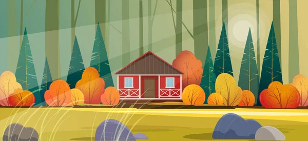 Capanna Legno Rosso Nei Fronti Profondi Paesaggio Foresta Autunnale Illustrazione — Vettoriale Stock